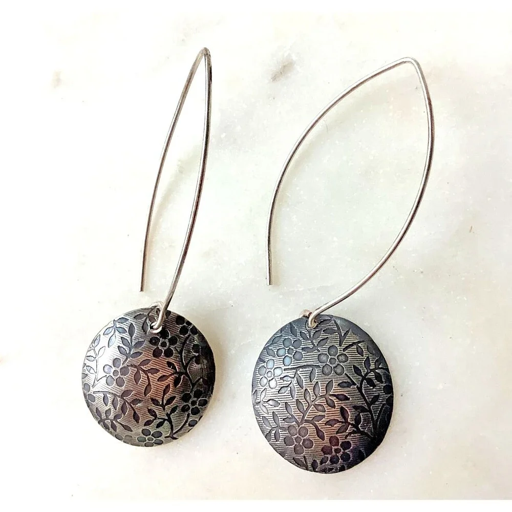 Vintage Sterling Earrings Silver 925 Dangle Puffed Disk Large Hook Floral Signed